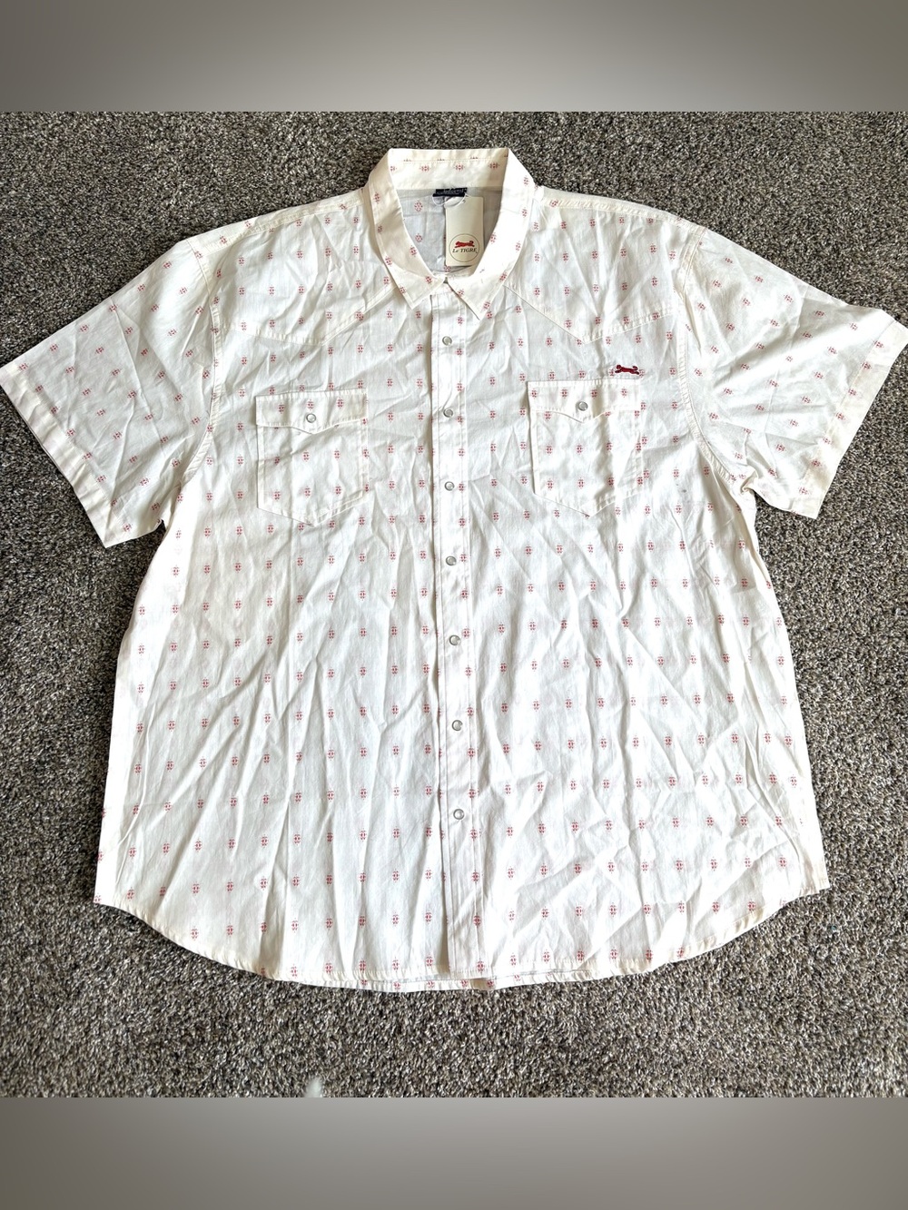 NWT Le Tigre Cream Short-Sleeve Pearl Snap Down Shirt with Red Micro Print